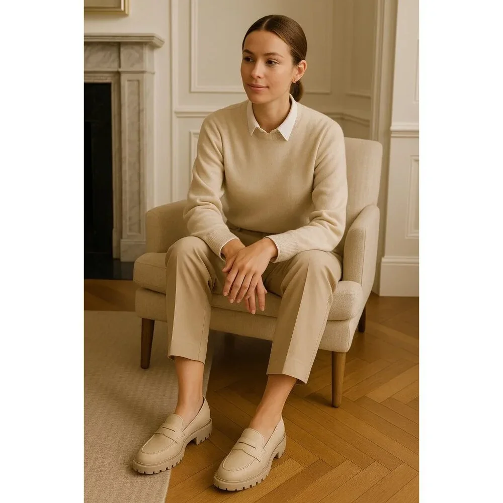 DV Dolce Vita 7 Lug Loafer Crisp Chunky Heel Slip On Shoes Vegan Suede Beige